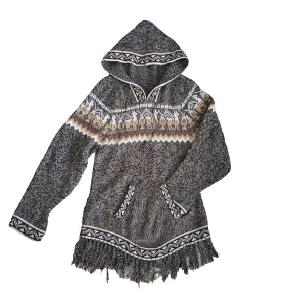 Peruvian Handmade Alpaca Hooded Sweater Ethnic Motifs Fringed Hem - Picture 3 of 9